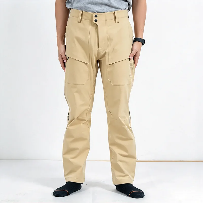 Beige Waterproof Hardshell Cargo Pants with Thermal Fabric and Long Side Zips Beige Waterproof Hardshell Cargo Pants with Thermal Fabric and Long Side Zips