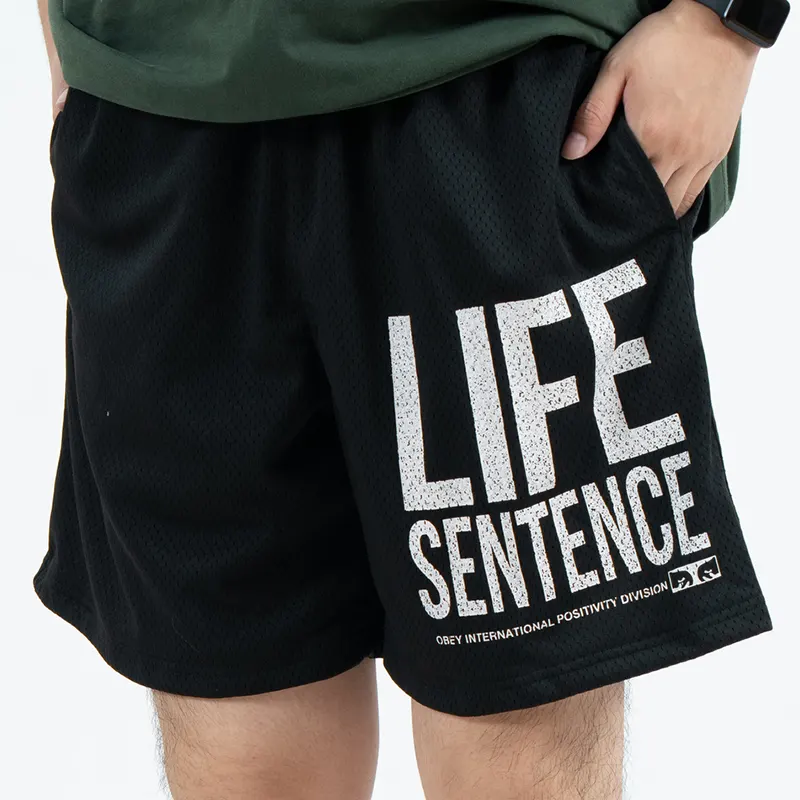 Black Breathable Quick-Dry Mesh Shorts with Large White Letter Graphic Black Breathable Quick-Dry Mesh Shorts with Large White Letter Graphic