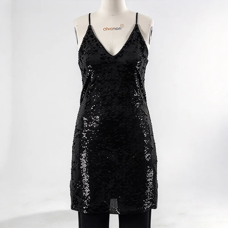 Black Sequin Mini Slip Dress with V-Neck and Slim Straps Black Sequin Mini Slip Dress with V-Neck and Slim Straps