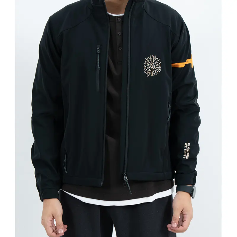 Black Stand Collar Outdoor Hardshell Jacket with Contrast Sleeve Stripe Black Stand Collar Outdoor Hardshell Jacket with Contrast Sleeve Stripe