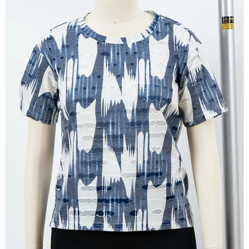 Blue and White Abstract Print T-Shirt with Ripple Texture