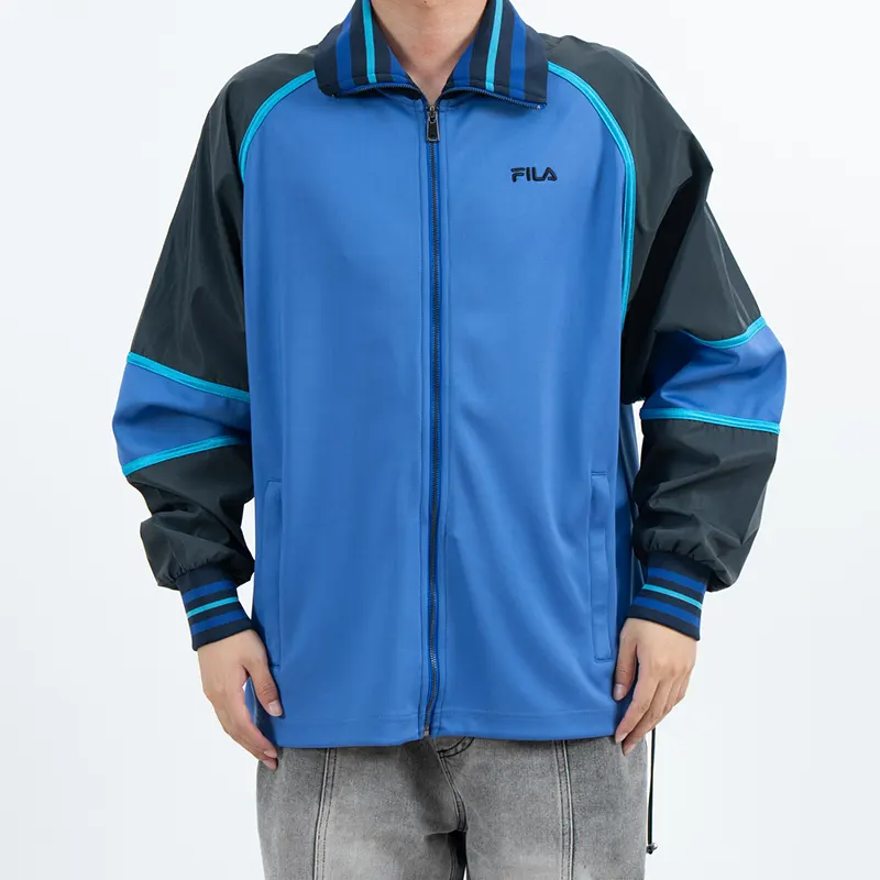 Blue Color Block Outdoor Hardshell Jacket with Striped Collar and Cuffs Blue Color Block Outdoor Hardshell Jacket with Striped Collar and Cuffs