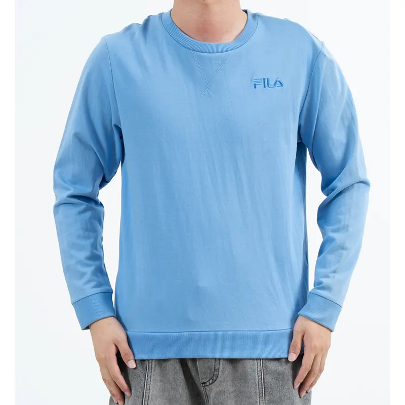 Blue Crew Neck Sweatshirt with Tonal Chest Logo and Ribbed Trim