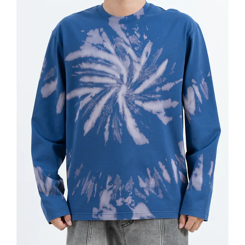 Blue Long Sleeve T-Shirt with Spiral Tie-Dye Effect