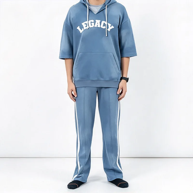 Blue Short Sleeve Hooded Tracksuit with White Side-Stripe Pants