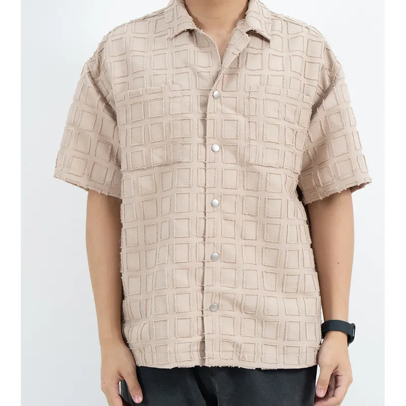 Boxy Short Sleeve Shirt with Raised Grid Texture and Twin Chest Pockets Boxy Short Sleeve Shirt with Raised Grid Texture and Twin Chest Pockets