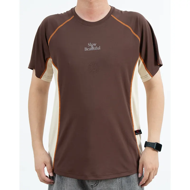 Brown Breathable Raglan T-Shirt with Cream Side Panels and Orange Seam Lines