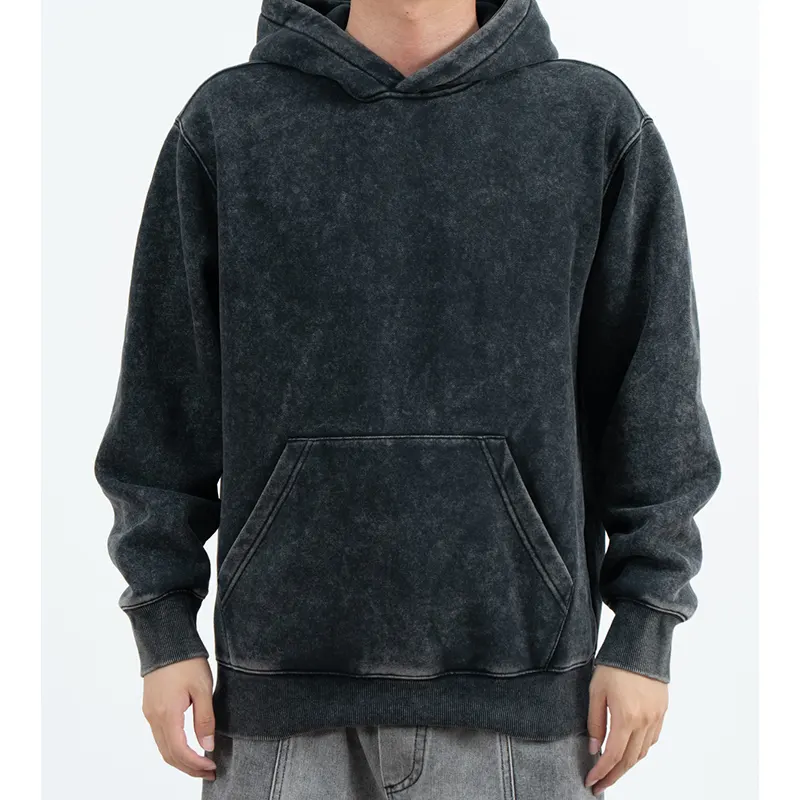Charcoal Mottled-Look Pullover Hoodie with Dropped Shoulders
