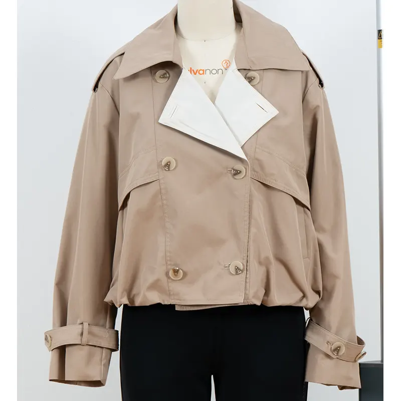 Cropped Double-Breasted Trench Jacket with Contrast Lapel Cropped Double-Breasted Trench Jacket with Contrast Lapel