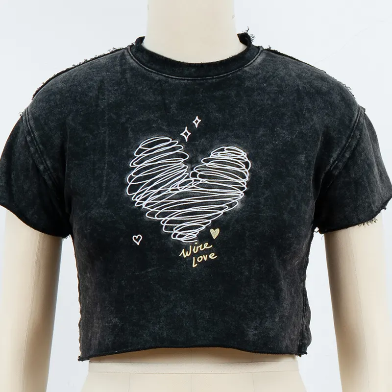 Cropped Heart Graphic T-Shirt with Raw-Edge Detail