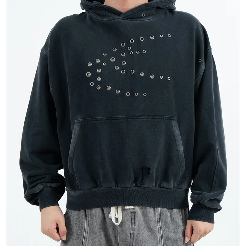 Cropped Pullover Hoodie with Eyelet Motif and Distressed Pocket Detail