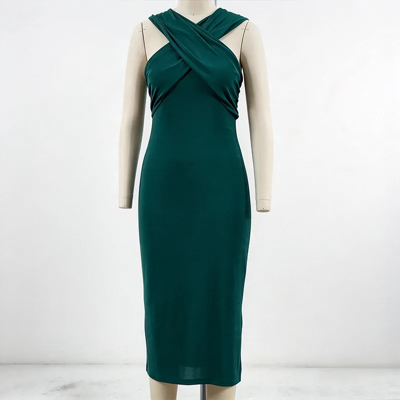 Cross-Neck Bodycon Midi Dress with Draped Front and Side Slit Cross-Neck Bodycon Midi Dress with Draped Front and Side Slit