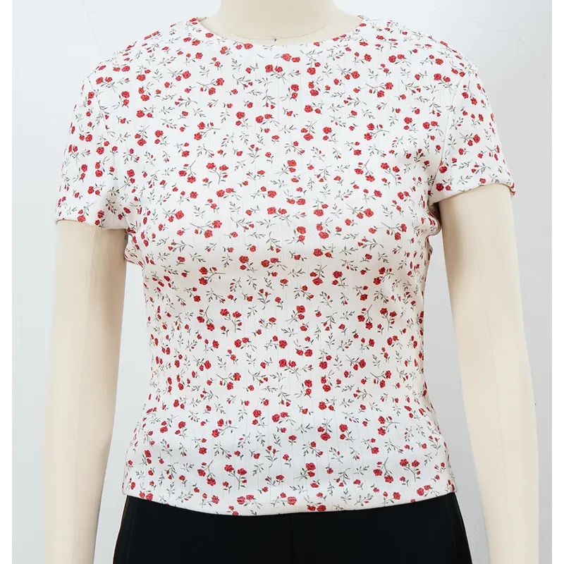 Fitted Crew Neck T-Shirt with Red Ditsy Floral Print