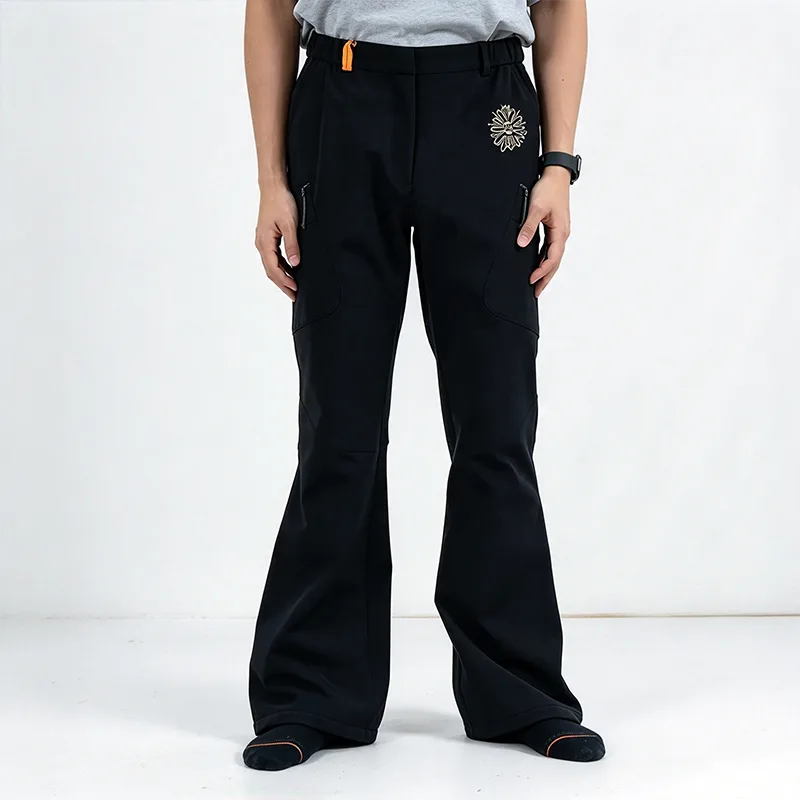Flared Waterproof Hardshell Cargo Pants with Thermal Fabric and Angled Zip Pockets Flared Waterproof Hardshell Cargo Pants with Thermal Fabric and Angled Zip Pockets