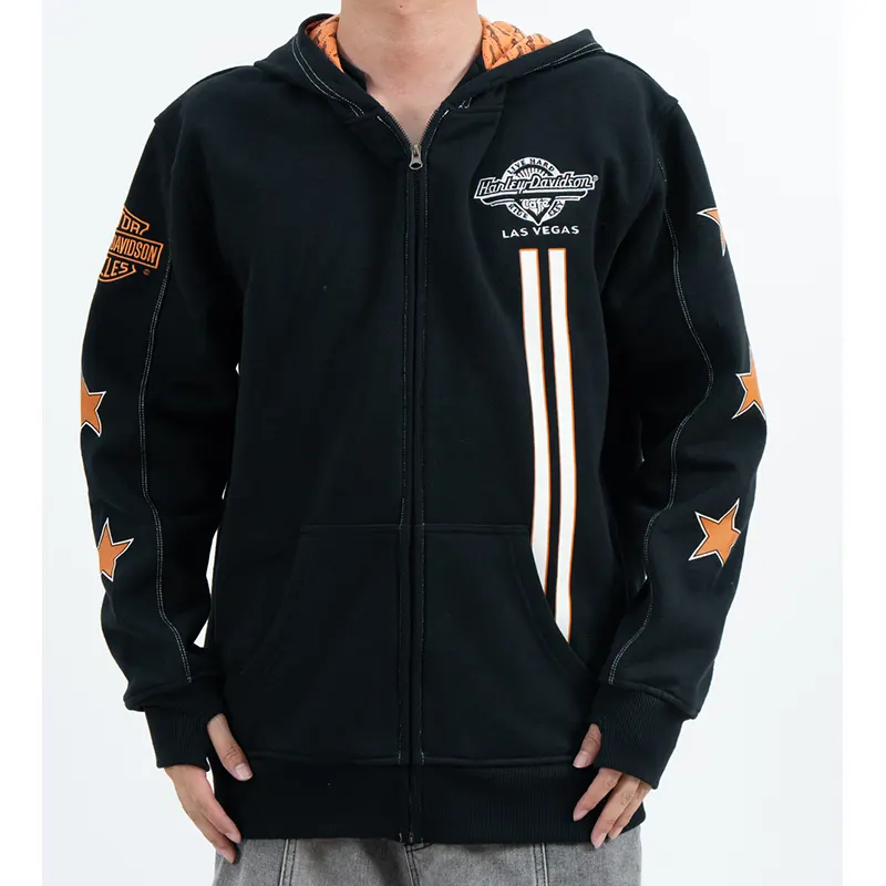 Graphic Zip-Up Hoodie with Eagle Back Artwork and Star Sleeves