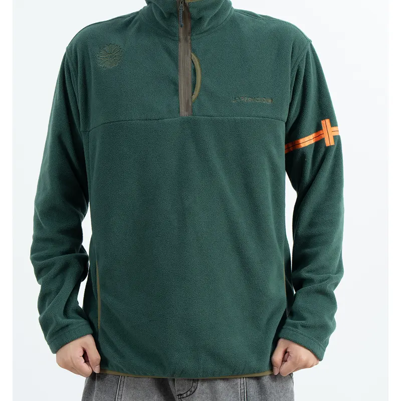 Green Quarter-Zip Fleece Pullover with Contrast Sleeve Stripe Green Quarter-Zip Fleece Pullover with Contrast Sleeve Stripe