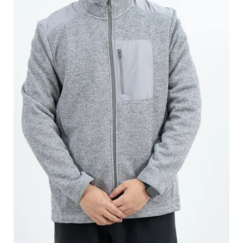 Grey Stand Collar Zip Jacket with Smooth Shoulder and Chest Panels Grey Stand Collar Zip Jacket with Smooth Shoulder and Chest Panels