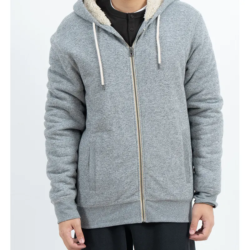 Grey Zip-Up Hoodie with Cream Plush Hood Lining