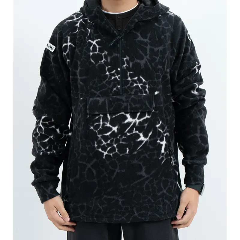 Hooded Fleece Pullover with Crackle Pattern and Front Pocket Flap Hooded Fleece Pullover with Crackle Pattern and Front Pocket Flap