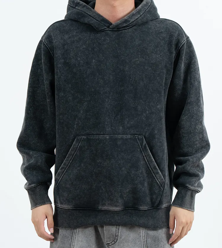 Charcoal Mottled-Look Pullover Hoodie with Dropped Shoulders