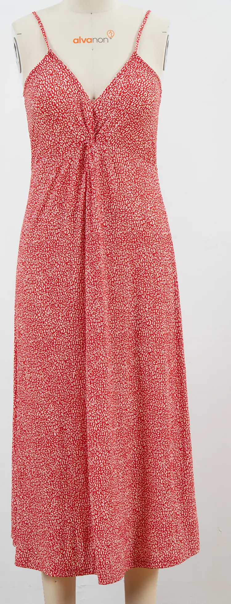 Red printed midi slip dress with gathered twist-front neckline, model DB0013
