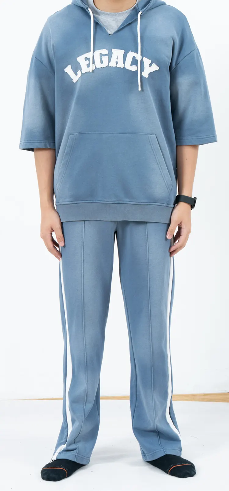 Blue Short Sleeve Hooded Tracksuit with White Side-Stripe Pants
