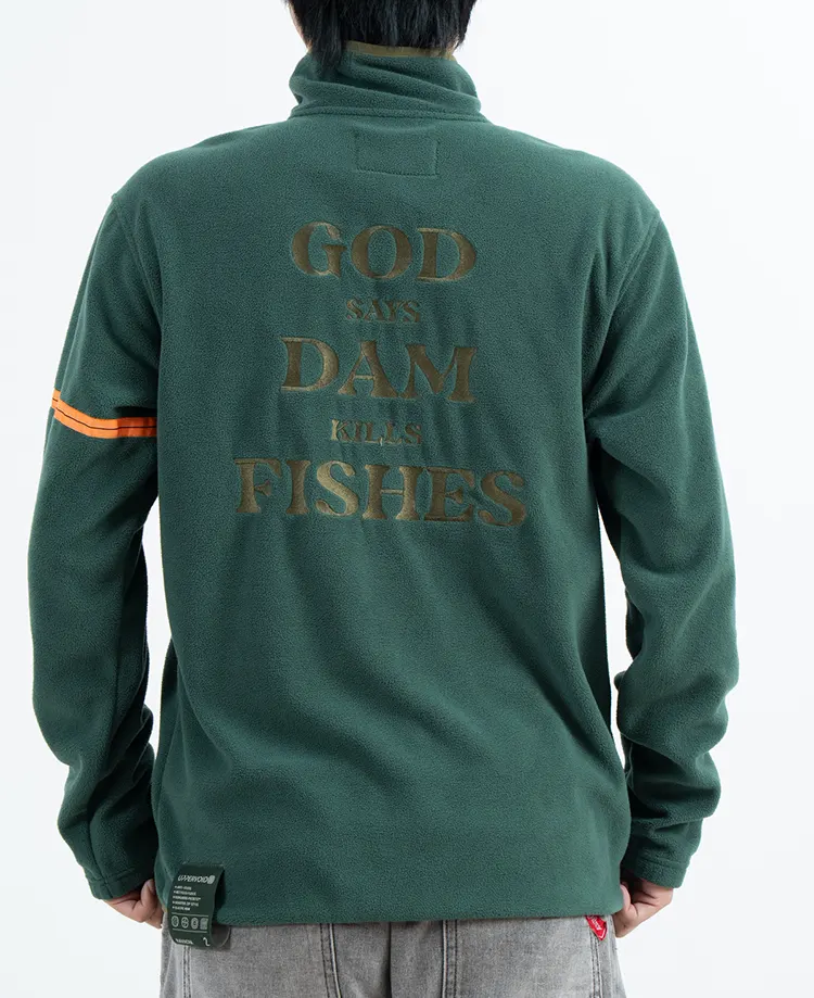 Green Quarter-Zip Fleece Pullover with Contrast Sleeve Stripe
