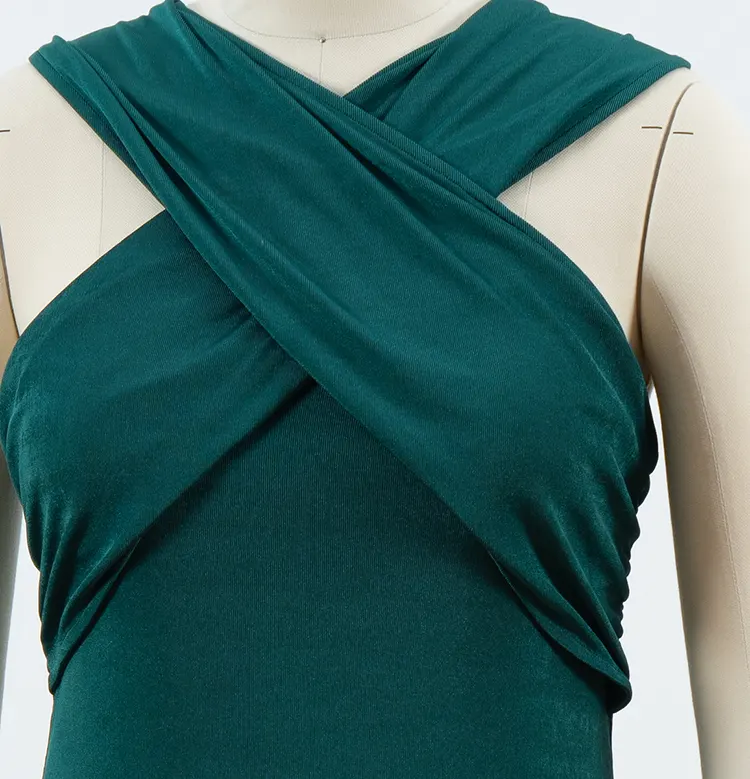 Cross-Neck Bodycon Midi Dress with Draped Front and Side Slit
