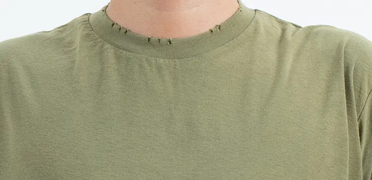 Olive Long Sleeve T-Shirt with Distressed Neckline and Hem