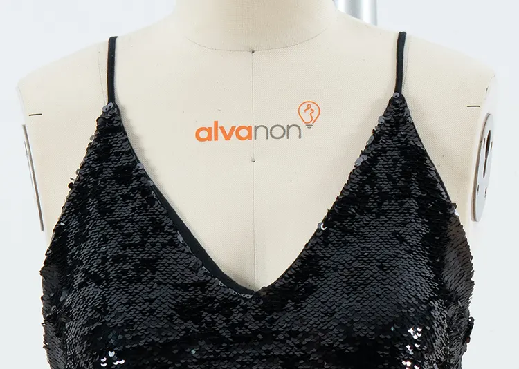 Black Sequin Mini Slip Dress with V-Neck and Slim Straps