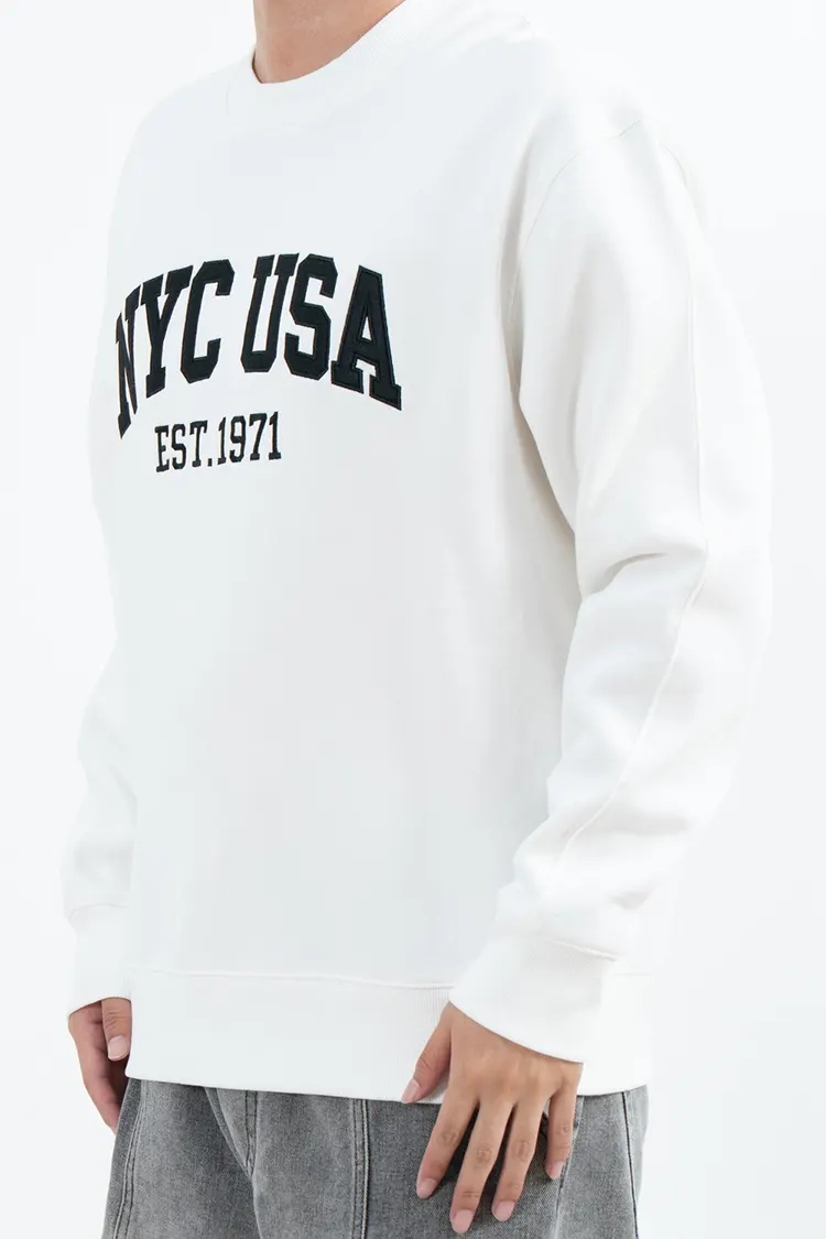 White Crew Neck Sweatshirt with Varsity-Style Chest Lettering