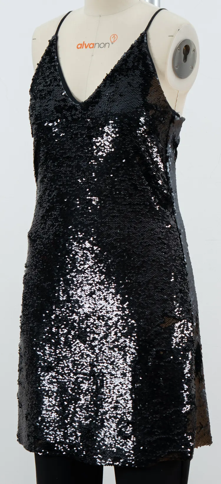 Black Sequin Mini Slip Dress with V-Neck and Slim Straps