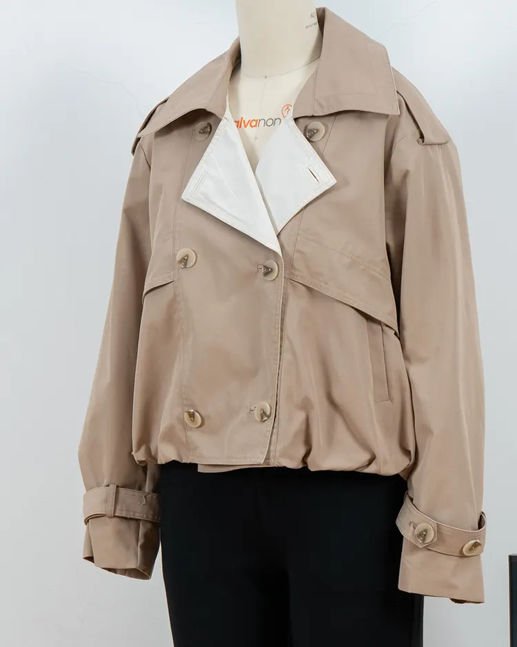 Cropped Double-Breasted Trench Jacket with Contrast Lapel