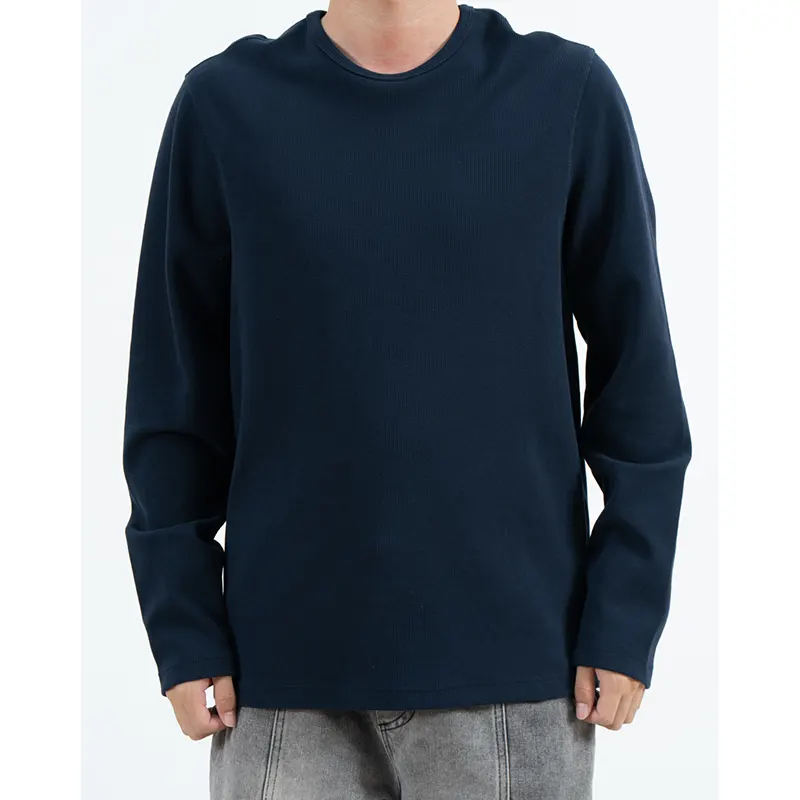 Navy Textured Crew Neck Long Sleeve T-Shirt with Relaxed Fit