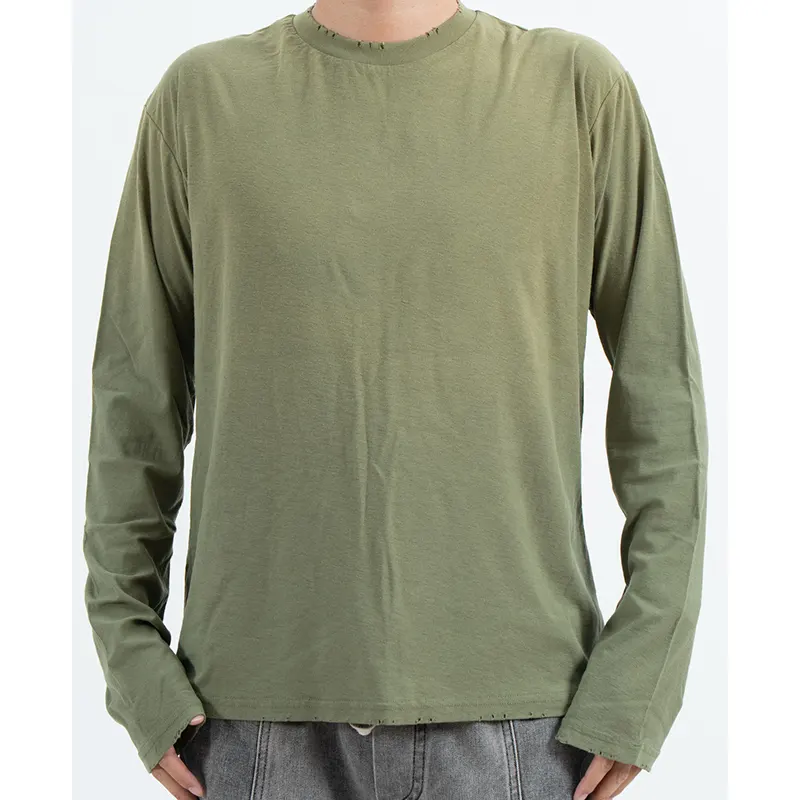 Olive Long Sleeve T-Shirt with Distressed Neckline and Hem