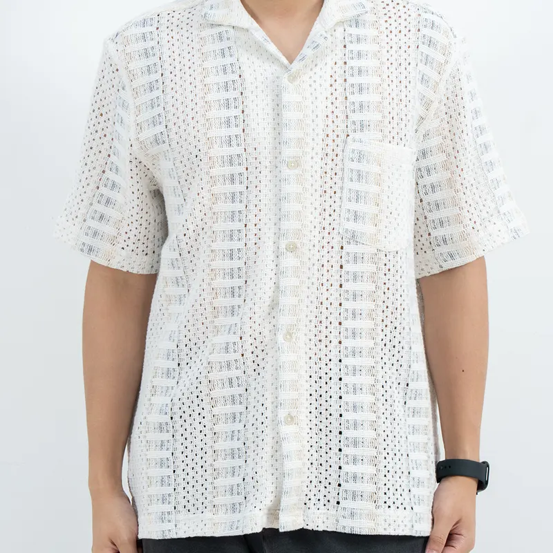 Openwork Short Sleeve Camp Collar Shirt with Chest Pocket Openwork Short Sleeve Camp Collar Shirt with Chest Pocket