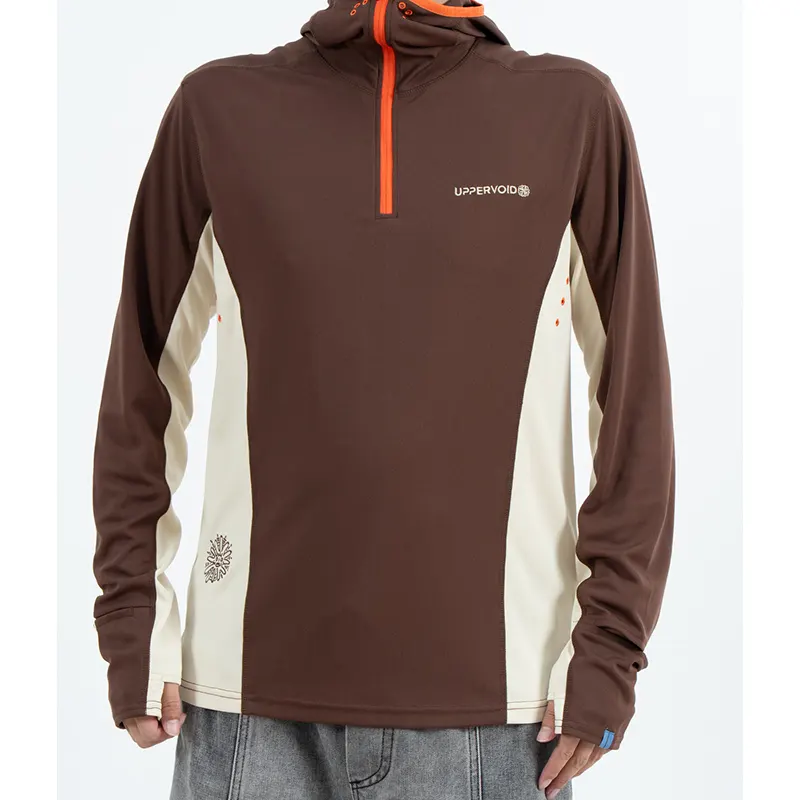 Outdoor Sun-Protective Quarter-Zip Hooded Top with Cream Side Panels and Orange Trim