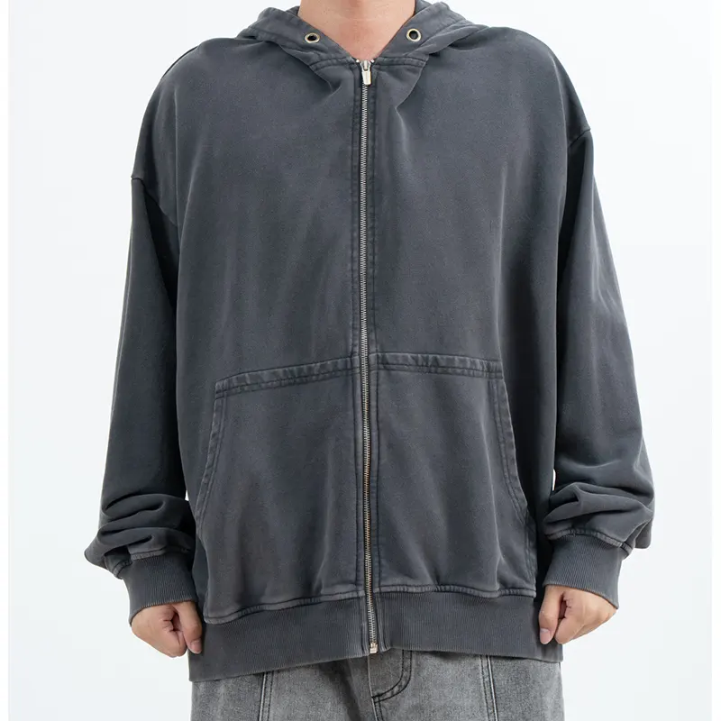 Oversized Charcoal Zip-Up Hoodie with Faded Appearance