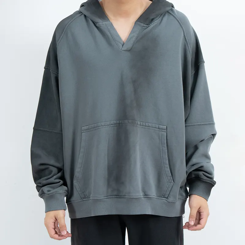 Oversized V-Neck Pullover Hoodie with Sleeve Panels and Kangaroo Pocket