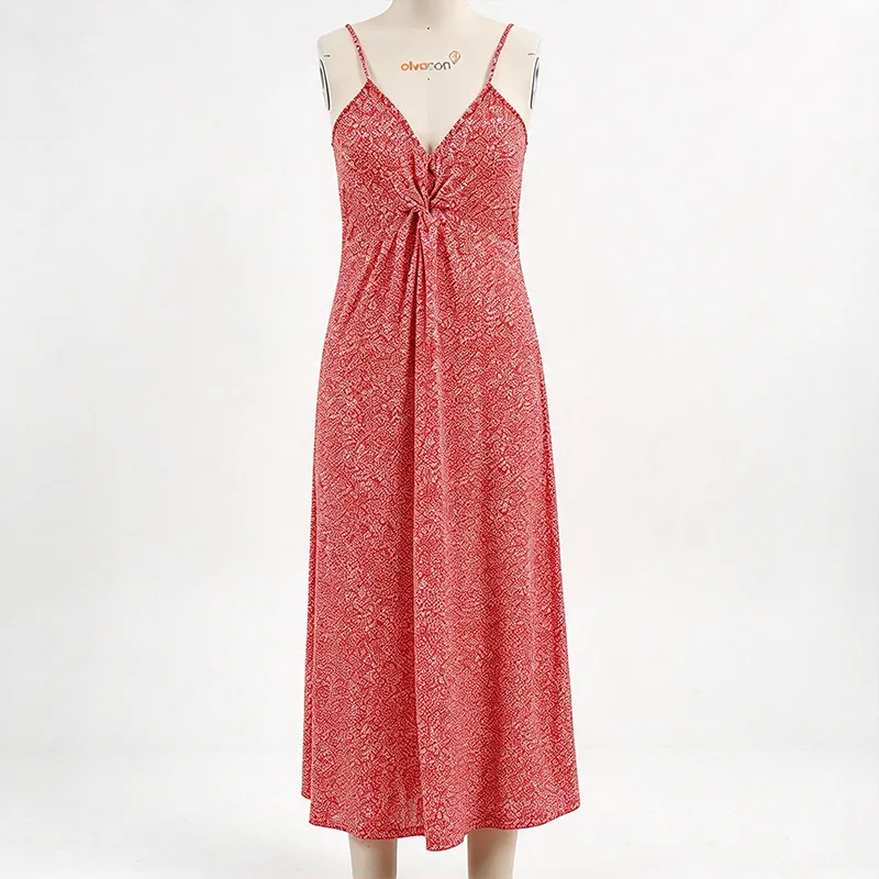 Red Printed Midi Slip Dress with Twist-Front Detail Red Printed Midi Slip Dress with Twist-Front Detail