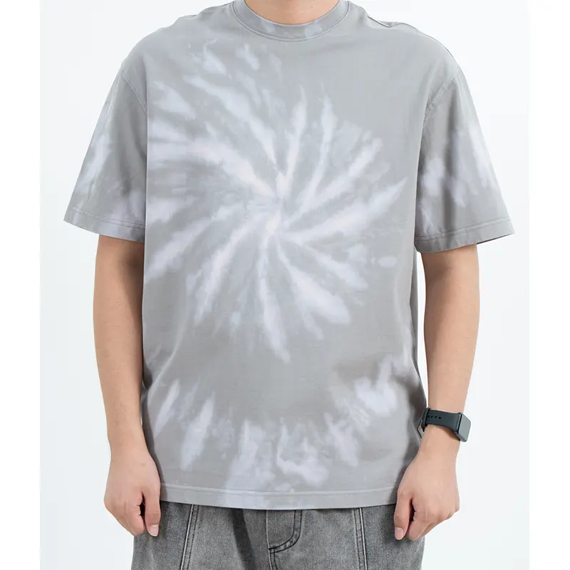 Relaxed Grey Crew Neck T-Shirt with Spiral Tie-Dye Effect