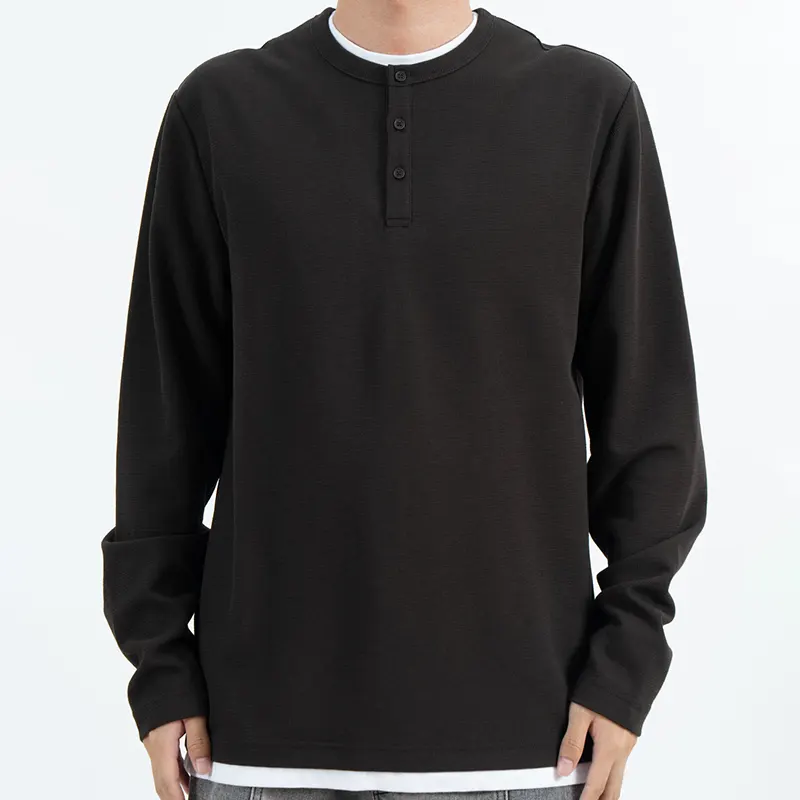 Relaxed Long Sleeve Henley Shirt with Three-Button Placket
