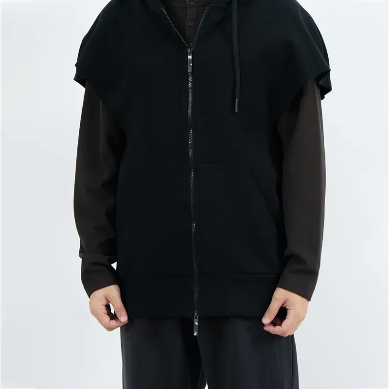 Sleeveless Zip-Up Hoodie with Extended Shoulders and Split Front Pockets