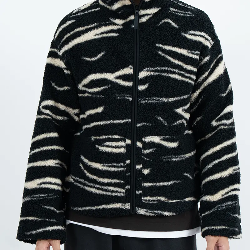 Stand Collar Fleece Jacket with Black and Cream Abstract Stripes Stand Collar Fleece Jacket with Black and Cream Abstract Stripes