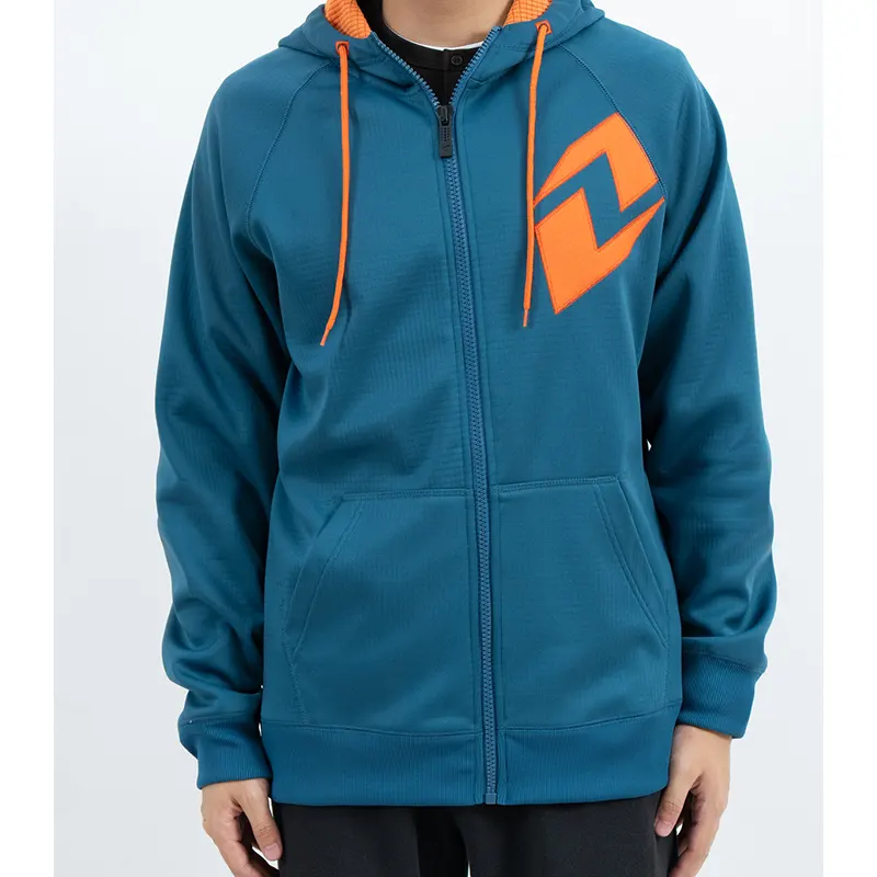 Teal Raglan Zip-Up Hoodie with Orange Chest Graphic and Drawcord Teal Raglan Zip-Up Hoodie with Orange Chest Graphic and Drawcord
