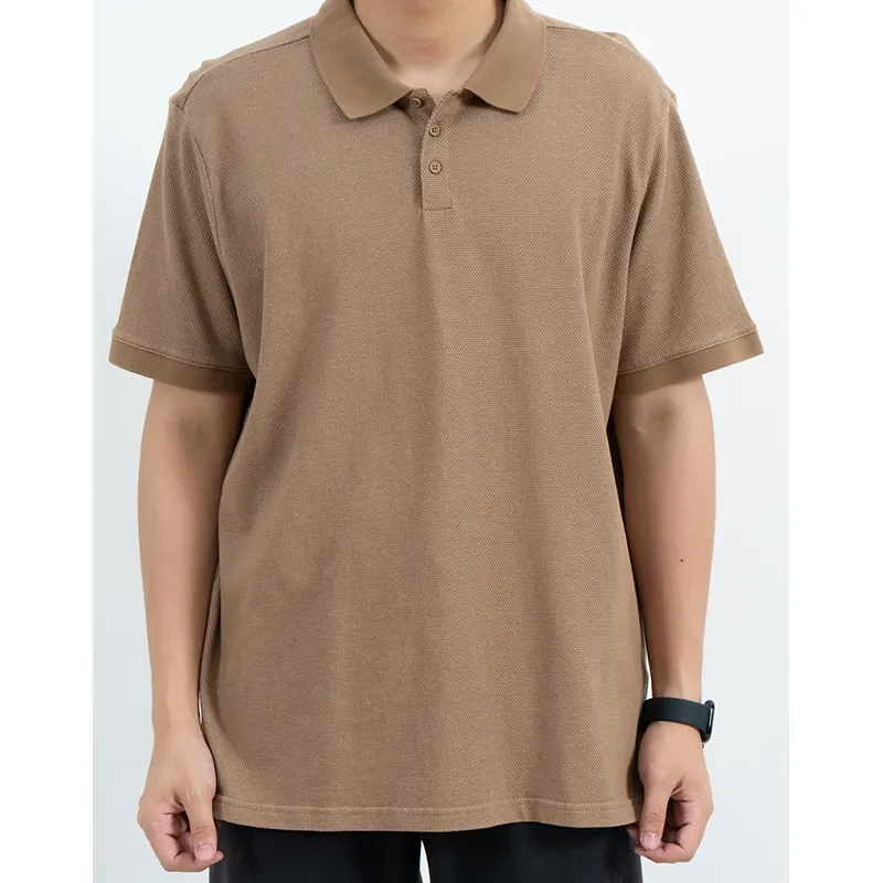 Textured Brown Short Sleeve Polo Shirt with Three-Button Placket