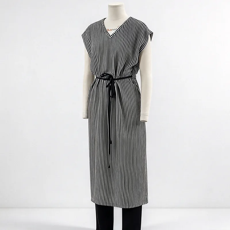 Vertical Stripe V-Neck Midi Dress with Extended Shoulders and Cord Belt Vertical Stripe V-Neck Midi Dress with Extended Shoulders and Cord Belt