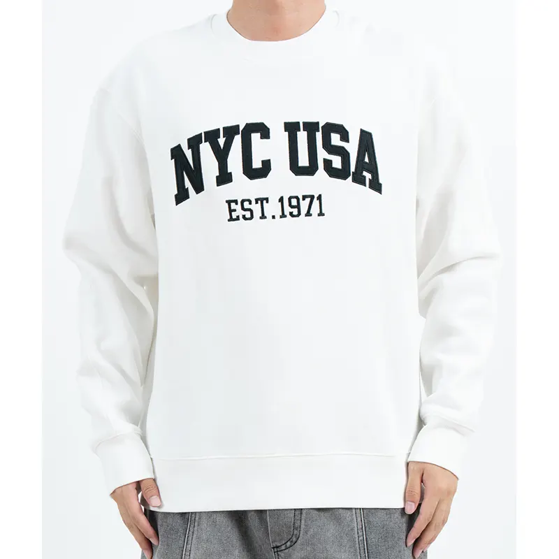 White Crew Neck Sweatshirt with Varsity-Style Chest Lettering
