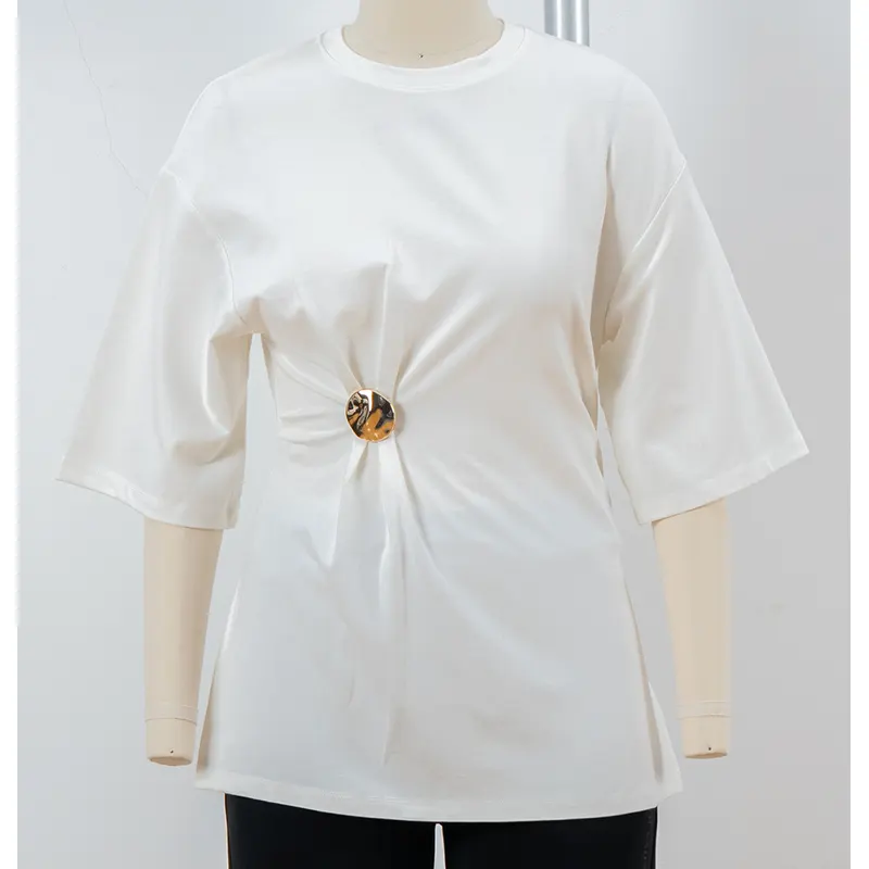 White Oversized Crew Neck T-Shirt with Gathered Waist and Round Ornament