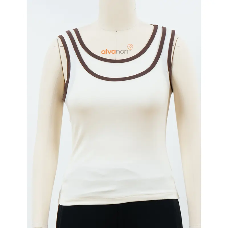 White Tank Top with Double Brown Neckline Trim